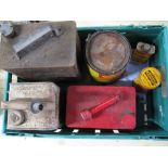 Crate of fuel, oil etc cans to include: 2 gallon Shellmex BP, Esso Blue Paraffin,