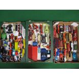 Three boxes containing approx seventy items of playworn diecast model vehicles from Corgi, Dinky,