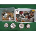 Two crates of Wipac, Miller, Ring and Halfords lamps, assorted gauges and switches,