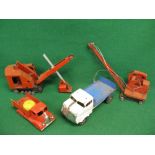 Triang tinplate fire engine, quarry shovel, flat bed truck and Coles crane,