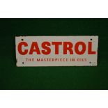 Enamel sign for Castrol, The Masterpiece in Oils, red letters on a white ground - 12" x 4.