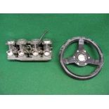 Bank of four carburettors embossed Kekhin and mini steering wheel - 12" in dia