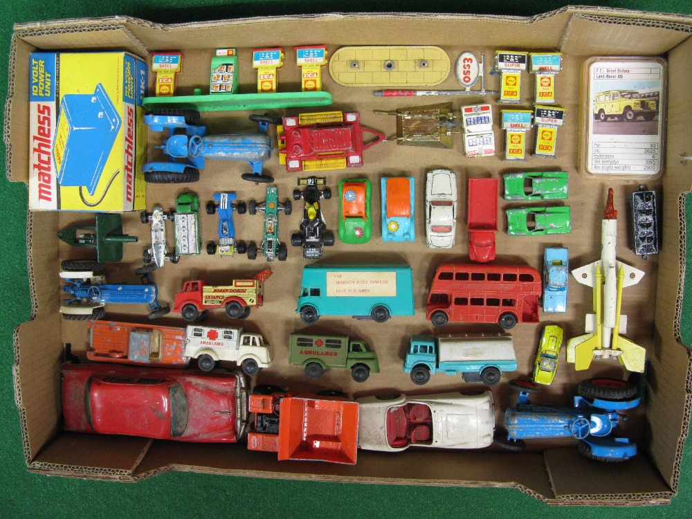 Mixed box of vehicles by: Crescent, Britains, Lone Star, Qualitoys, Acrespoly, ORD, Mertrade,