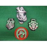 Three unusual chromed car badges to comprise: Anchor & Life belt, Three Feathers and Prancing Lion,