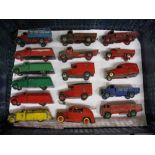 Box of early Dinky lorries, vans, tankers and a fire engine,