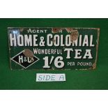 Double sided enamel advertising sign for Home & Colonial Wonderful Tea 1'6 per pound,