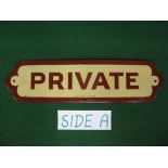 Enamel sign Private, brown letters and border on a cream ground, marked Patent 303 Enamel Co.