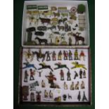 Two trays of cast metal figures and animals to include: witch on a broomstick, cowboys, Indians,