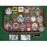 Tray of vehicle badges and motifs to include: BP Automobile Club, Order Of The Road 31 Year Driver,