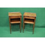 Pair of mahogany tray top bedside tables having 3/4 raised gallery over single drawer with brass