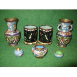 Group of cloisonne ware to include: pair of two handled vases together with a pair of brush pots,