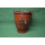 20th century leather bucket having transfer decoration of coat of arms and leather carrying handle