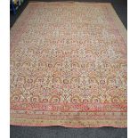 Large cream and pink ground carpet having blue, pink and green pattern - 226" x 139.