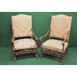Pair of open armchairs having green upholstery with studded borders,