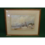 Indistinctly signed watercolour of fishing boats on a shoreline with buildings and trees beyond,