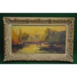 Indistinctly signed oil on board of a Venetian scene having gondolas and fishing boats in the