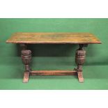 Oak three plank top refectory table having cleated ends supported on two bulbous carved columns