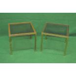 Pair of 20th century brass framed occasional tables having tinted square glass tops supported on