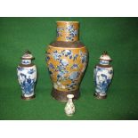 Oriental brown glazed vase having blue glazed decoration of birds,