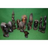 Group of nine ebony and other hardwood carved busts together with two carved figures