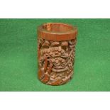 Bamboo brush pot having carved decoration of trees, figures and buildings - 6.