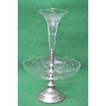Silver plated and cut glass epergne having single cut glass trumpet supported by silver plated