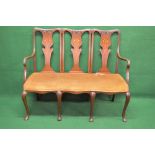 Mahogany framed chair back settee having Art Nouveau inlaid back splats supported by scrolled arms