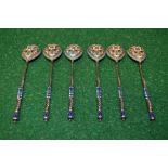 Set of six Russian silver gilt and enamel tea spoons the bowls having turquoise borders around
