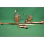 Group of brass and copper ware to comprise: watering can, bugle,