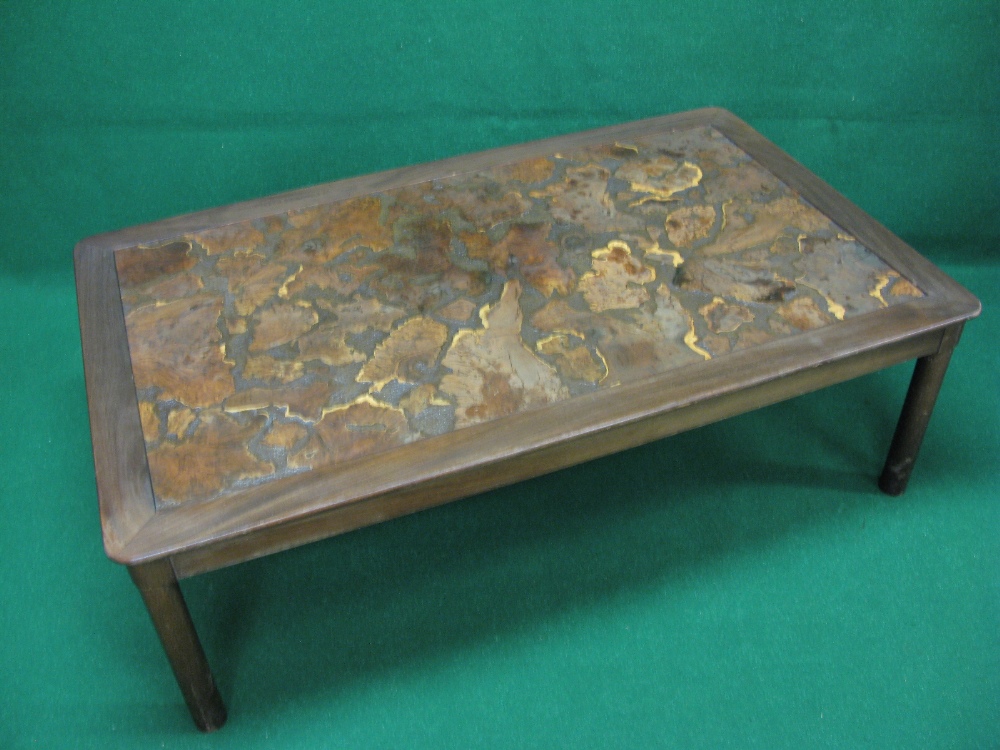 Danish teak mid century coffee table the top having show rootwood with rounded corners and standing