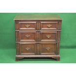 Oak Jacobean chest of drawers the top having moulded edge over three long graduated drawers with