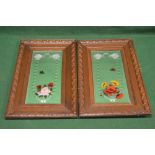 Pair of wall mirrors having etched and painted decoration of flowers in a hanging basket with