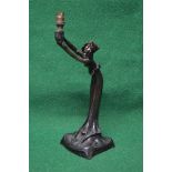 Art Nouveau bronze figural lamp of a lady standing in a flowing dress holding light fitting,