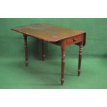Mahogany drop flap Pembroke table having D shaped drop leaves and single drawer supported on turned
