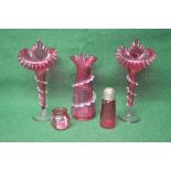 Group of Victorian Cranberry glass to comprise: pair of trumpet vases with applied clear glass