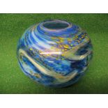 Peter Leighton globular glass vase having swirls of blues, greens and yellows, signed on base - 6.