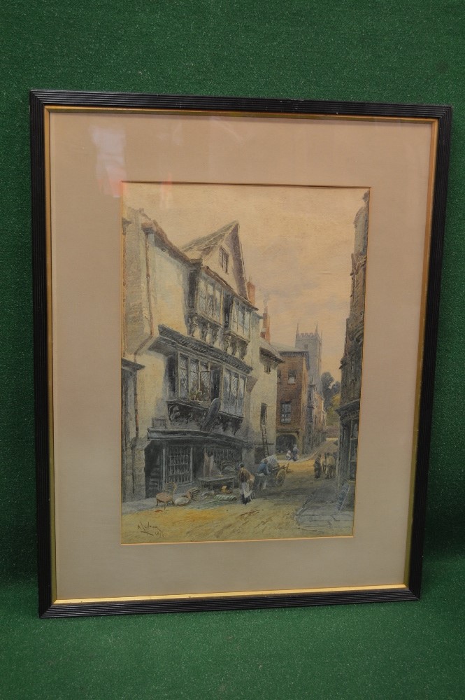 Alfred Leyman (1856-1933), watercolour of a street scene, the street having figures,