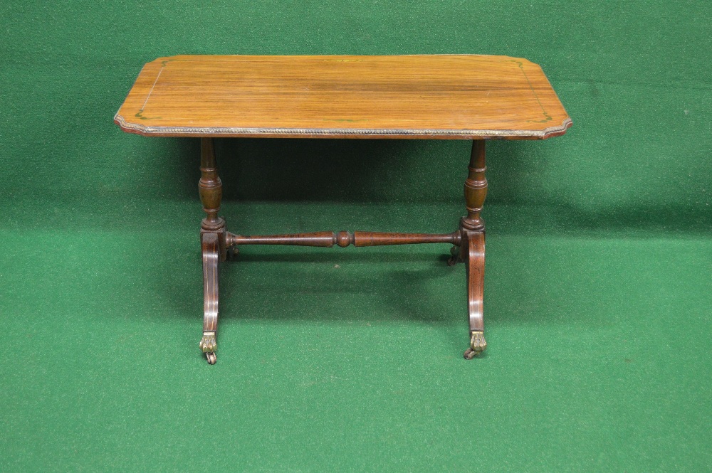 Rosewood occasional table the rectangular top having shaped corners with brass inlaid decoration