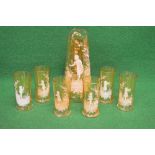 Mary Gregory amber glass lemonade set to comprise jug and six high ball glasses each having applied