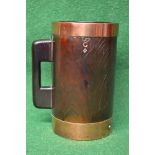 19th century mahogany tankard with impressed proof marks and pierced handle with copper banding top