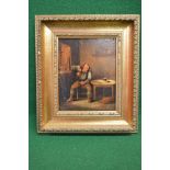 Unsigned oil on board of a man seated pouring a drink at a table - 7.5" x 9.