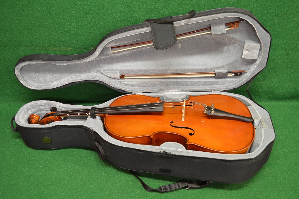 Unnamed cello with two bows contained in a travel light case