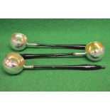 Set of three silver plated Elkington toddy ladles the bowls having engraved decoration with turned