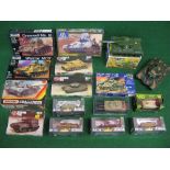 Sixteen diecast or plastic models or kits of tanks made by Revell, Airfix, Italeri, UM, Armour,