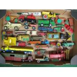 Box of Dinky and Corgi diecast vehicles to include: two Muir-Hill dumpers and a Motocart,