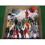 Box of 1980's action figures together with a metal transformer