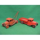 Triang tinplate crane and tipper trucks, both in red livery - average length 18",