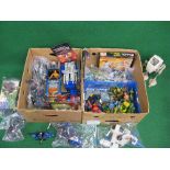 Two boxes of 1980's/1990's plastic character toys to include: Transformers, Thundercats, Turtles,