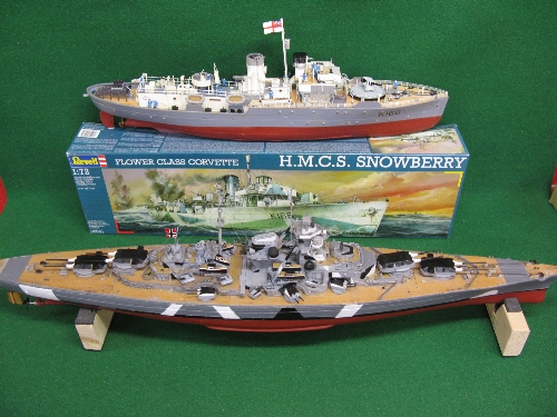 Detailed plastic model of a WWII Flower Class Corvette constructed from a Revell 1:72 scale kit -