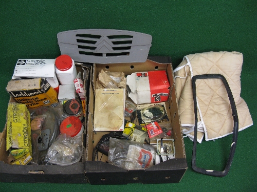 Two boxes of spares and garage items from a 2CV owner including front grill and winter roof liner